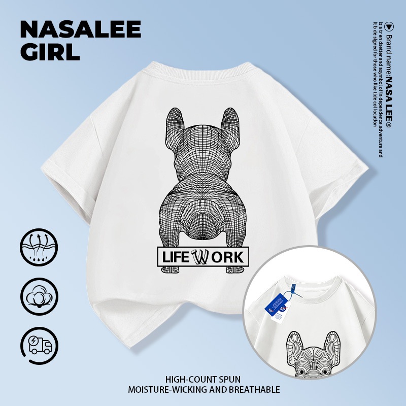 【ส่งในวันเดียวกัน】เสื้อยืดเด็ก NASA สีขาว ผ้าฝ้ายระบายอากาศดี ลายบูลด็อกเท่ๆ 3-16 ปี ชาย-หญิง ทรงสวมใส่สบาย