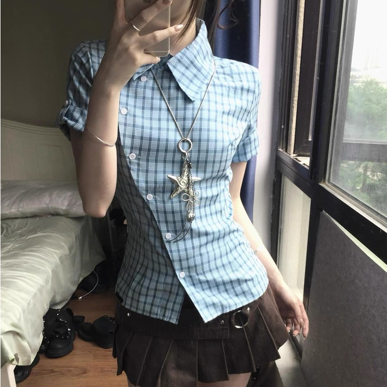 เสื้อแขนสั้นลายสก๊อตสีตัดกัน สำหรับผู้หญิง เหมาะสำหรับฤดูร้อน 250813