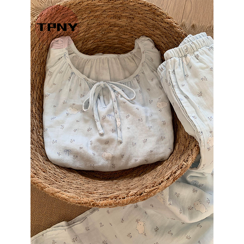 [TPNY]ชุดนอนผู้หญิงสไตล์เกาหลี ลายดอกไม้กระต่าย ฤดูใบไม้ร่วง ชุดสองชิ้น ใส่สบาย เป็นมิตรกับผิว