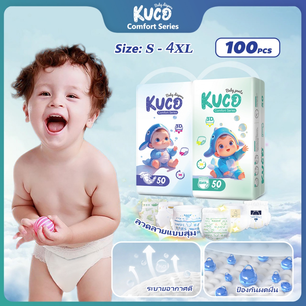 KUCO ผ้าอ้อมเด็กแบบกางเกง/แปะ (ซื้อ 1 แถม 1) สำหรับเด็กแรกเกิด กันซึม นุ่ม ซึมซับเร็ว