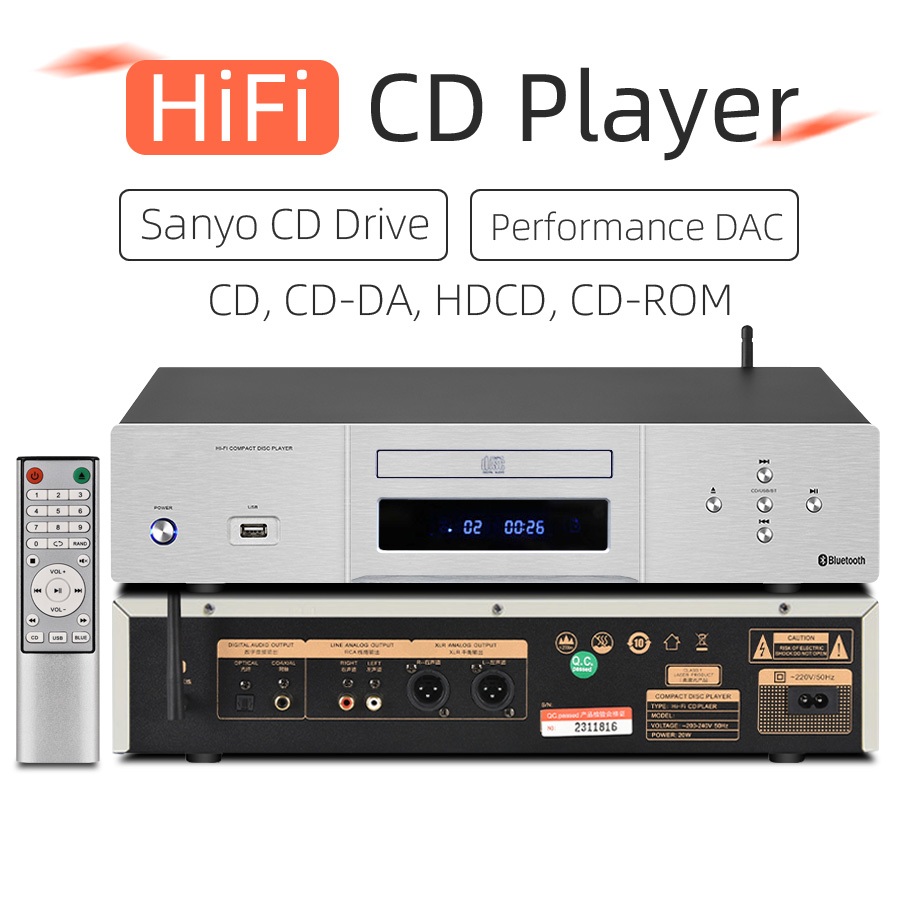 เครื่องเล่นซีดี HiFi พร้อม Performance DAC(24Bit 192KHz 103DB) เพลงคุณภาพสูง Single-Disc CD-DA/HDCD/CD-ROM Playback บลูทูธ/USB/Optical/Coaxial/XLR เอาต์พุตสเตอริโอ Balanced/Analog