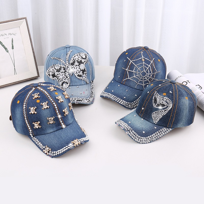 เกาหลี Rhinestone Bow Washed Denim หมวกเบสบอลสําหรับหญิงอเนกประสงค์กลางแจ้งสบายๆฤดูใบไม้ผลิและฤดูใบไม้ร่วง