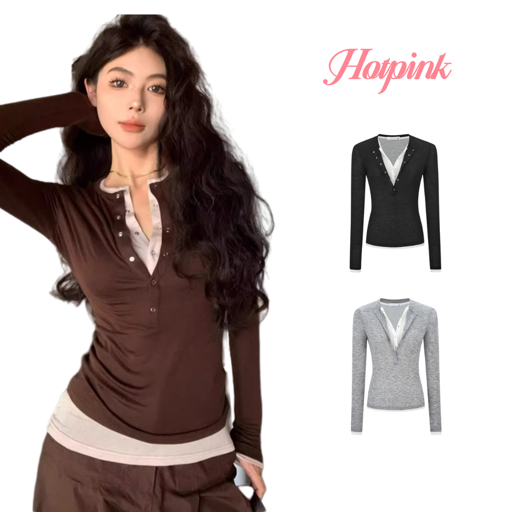 Hotpink ส่งจาก Bangkok🔥เสื้อแขนยาวปลอมสองชิ้นสำหรับผู้หญิง ดีไซน์หลวม ลำลอง และสวมใส่สบาย