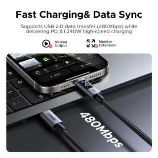 UGREEN สายชาร์จข้อมูล 240W USB 2.0 USB-C ถึง USB-C สายจอแสดงผลดิจิตอลอลูมิเนียมถักเข้ากันได้กับ iPhone 17/16/15 series