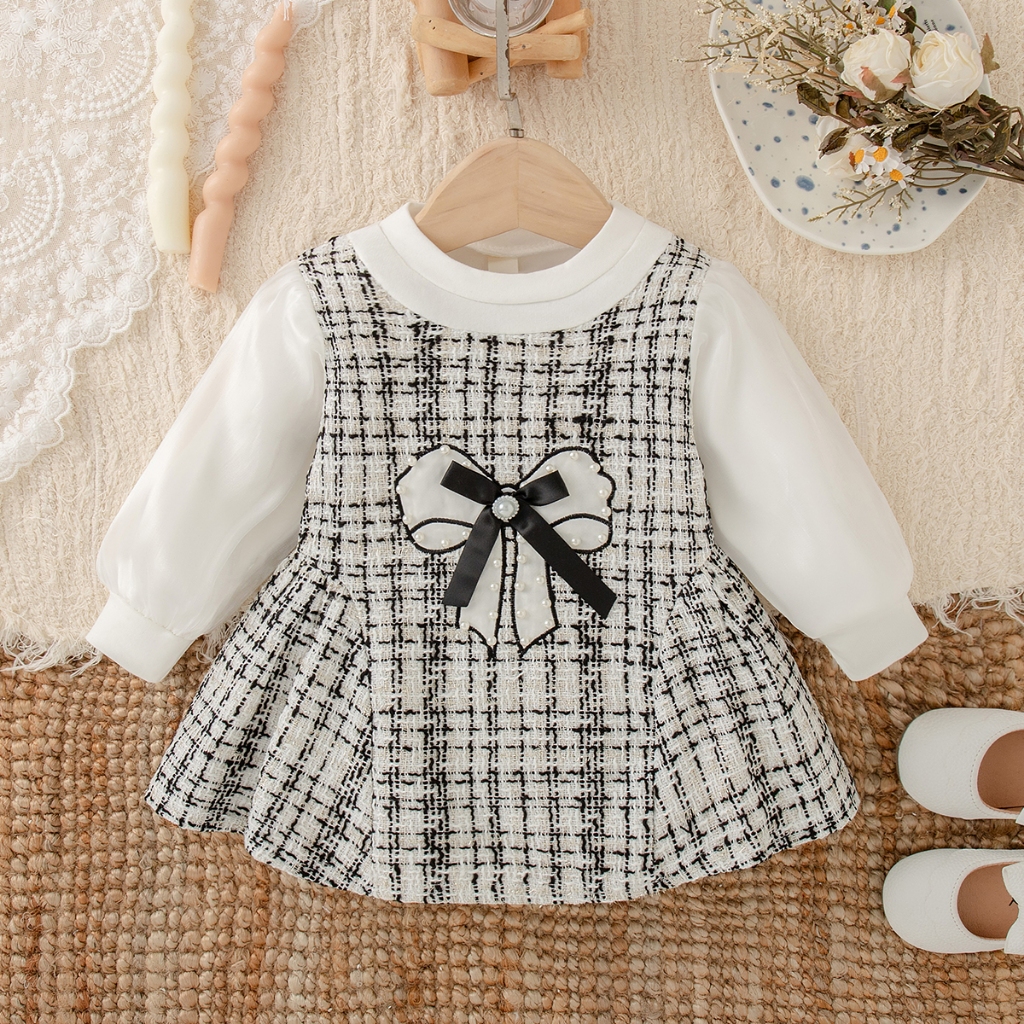ชุดเดรสเด็กผู้หญิงโบว์สีดำสไตล์เกาหลี สำหรับทารกในฤดูใบไม้ร่วง