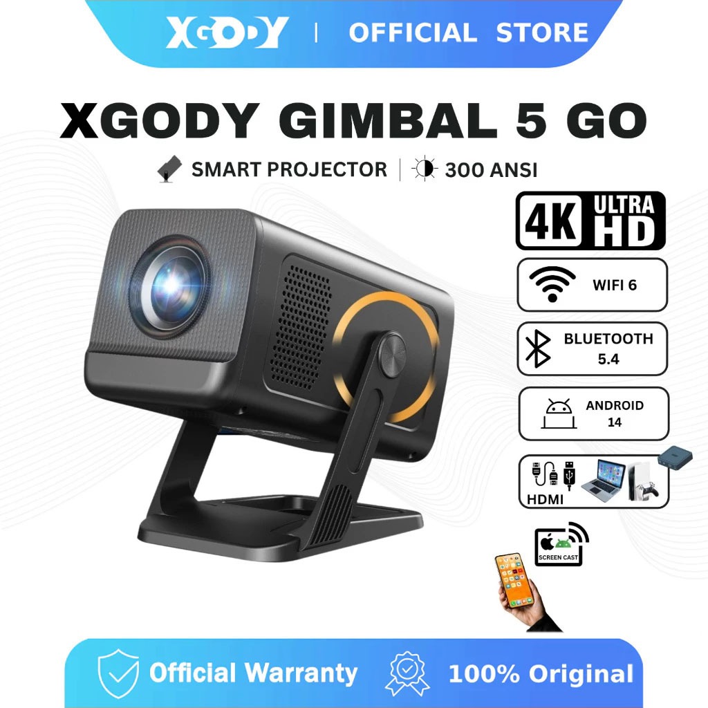【สนับสนุน netflix】XGODY projector Gimbal 5 GO 1080P โปรเจคเตอร์ Automatic correction โฮมโปรเจ็กเตอร์ Android 14.0 20000 Lumens พลิก
