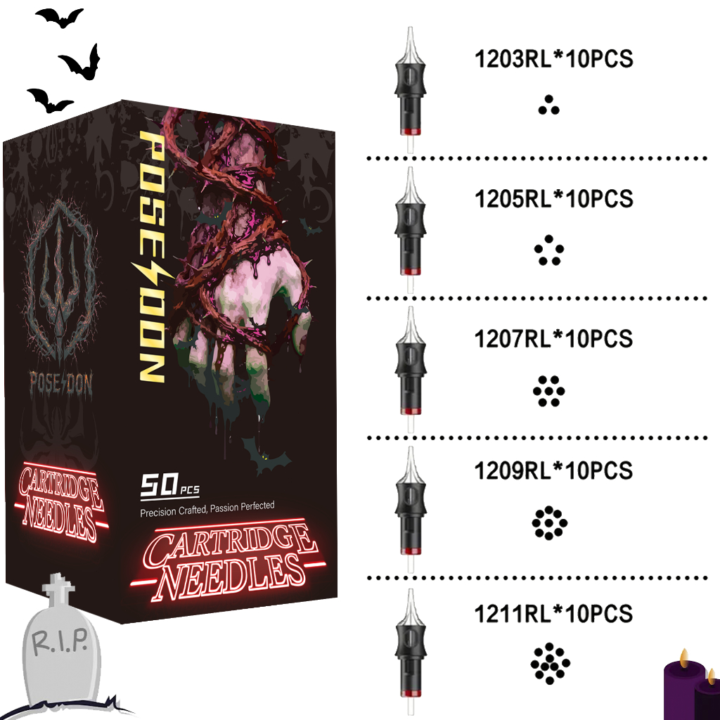 POSEIDON V5 Tattoo Needles - 50 Pack RL Mixed Size #12 เข็มตลับสักแบบใช้แล้วทิ้งสําหรับปากกาสัก - เห
