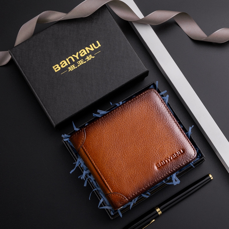 กระเป๋าสตางค์ผู้ชาย BANYANU หนังวัวแท้เต็มเมล็ดวินเทจสั้น Tri-Fold Slim แนวนอน RFID Blocking ความจุขนาดใหญ่พร้อมช่องใส่การ์ดหลายช่องและกล่องของขวัญ