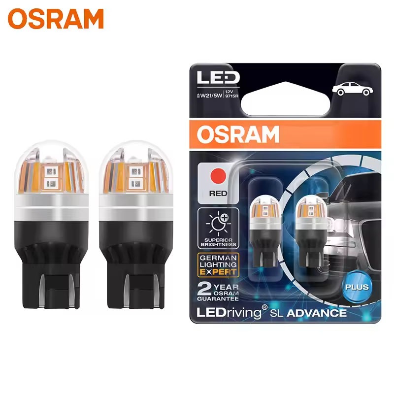 OSRAM OSRAM LED T20 W21/5W 7443 LED สีแดงรถสัญญาณไฟเบรคแนวตั้ง LED ที่จอดรถหลอดไฟ 9715R
