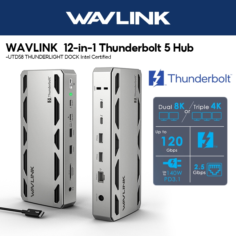 WAVLINK12-in-1 Thunderbolt 5 Dock 6K/8K จอแสดงผล MAX 140W PD 4x USB-A 3.2 10Gbps สําหรับ Mac & Windo