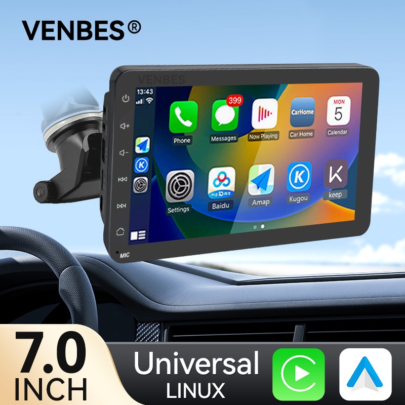 VENBES 7 นิ้ว Wireless Carplay Android-Auto เครื่องเล่นมัลติมีเดีย เครื่องเล่นในรถยนต์แบบพกพา บลูทูธ IPS 2.5D หน้าจอสัมผัส