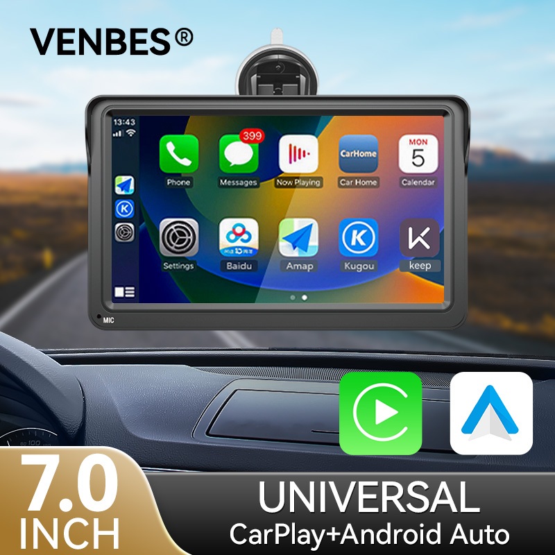 VENBES Wireless Carplay Android Auto เครื่องเล่นมัลติมีเดีย 7 นิ้ว แบบพกพา พร้อมรีโมตคอนโทรล สําหรับ Android รถยนต์