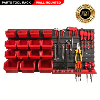 โรงรถติดผนังชั้นวางเครื่องมือ Pegboard 49 ชิ้นชุดพร้อมถังขยะและตะขอแขวนผนังชั้นวางออแกไนเซอร์สําหรับเครื่องมือจัดเก็บฮาร์ดแวร์