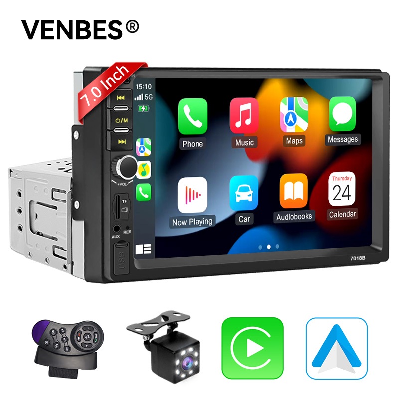 VENBES 7" 1 Din เครื่องเสียงติดรถยนต์ Carplay Android Auto MP5 นิ้วหน้าจอสัมผัส บูลทูด USB TF AUX