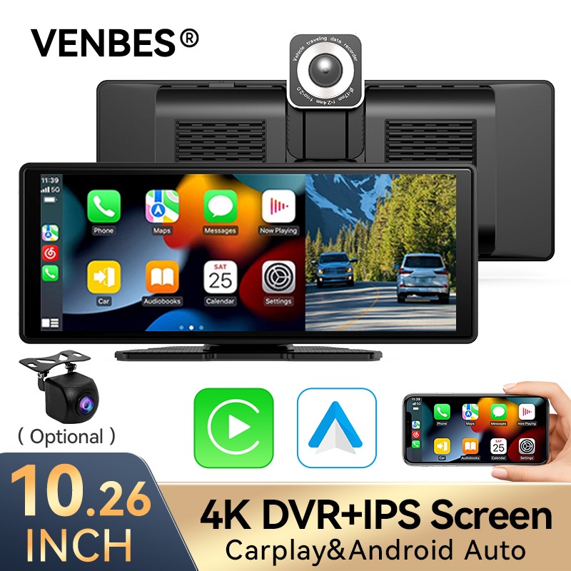 VENBES 4K AHD กล้อง 10.26 นิ้ว หน้าจอสัมผัส DVR Dash Cam Carplay Android Auto เครื่องเล่นมัลติมีเดีย บลูทูธ