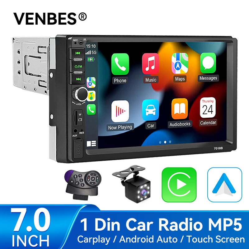 VENBES  วิทยุติดรถยนต์ 7 นิ้ว 1 Din Carplay Android Auto MP5 เครื่องเล่นมัลติมีเดีย บูลทูด USB TF AUX