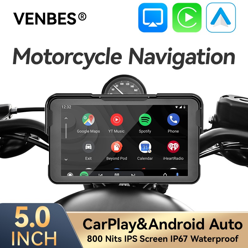 VENBES ระบบนําทางรถจักรยานยนต์ Carplay 5 นิ้ว สัมผัสหน้าจอ HD เครื่องบันทึกภาพ Voice Assistant IP67 กันน้ำ IPS
