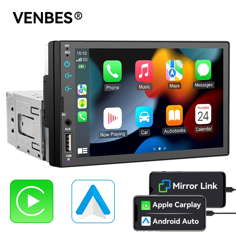 VENBES 7 นิ้ว 1DIN รถ MP5 Player Carplay Android AUTO จอแสดงผล HD หน้าจอสัมผัส Bluetooth Mirror Link