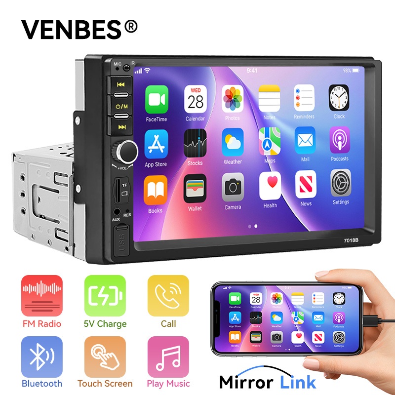 VENBES 7 นิ้ว 1 Din รถ MP5 Player การเชื่อมต่อบลูทูธ Mirror Link HD หน้าจอสัมผัสวิทยุติดรถยนต์