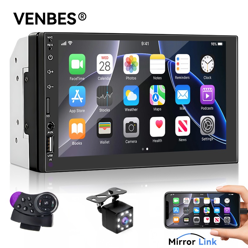 VENBES 7 นิ้ว 2 DIN Car Player Mirror Link การเชื่อมต่อบลูทูธบลูทูธโทรจอแสดงผล HD หน้าจอสัมผัส