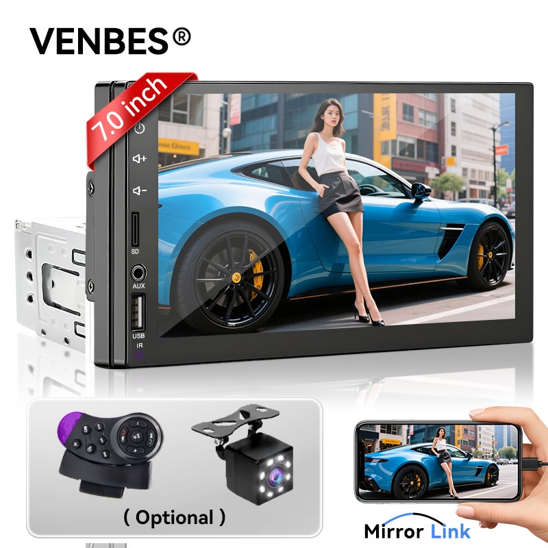 VENBES เครื่องเล่นมัลติมีเดียในรถยนต์ 1DIN MP5 ขนาด 7 นิ้วพร้อมหน้าจอสัมผัส HD หน้าจอ Bluetooth และ
