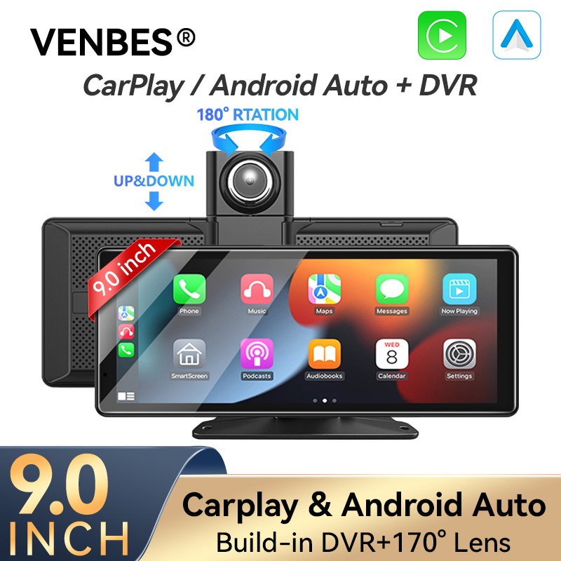 VENBES 9 นิ้วจอแสดงผลวิทยุ HD หน้าจอสัมผัสไร้สาย CarPlay และ Android หน้าจออัตโนมัติ Mirroring และ DVR ในตัว