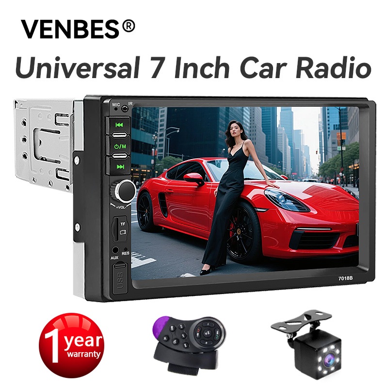 VENBES เครื่องเล่น MP5 ในรถยนต์ 1DIN ขนาด 7 นิ้ว พร้อมหน้าจอสัมผัส บลูทูธ และ MirrorLink