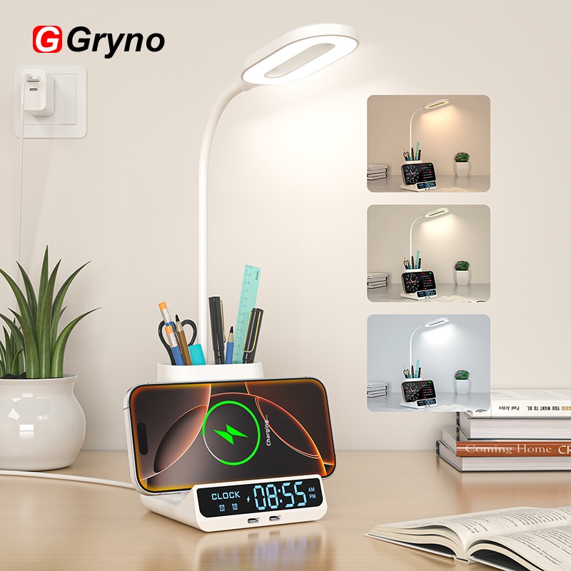 Gryno เครื่องชาร์จไร้สาย 5-in-1 พร้อมโคมไฟตั้งโต๊ะอัจฉริยะ ,ที่ใส่ปากกา ,นาฬิกานาฬิกาปลุก ,3 โหมดสี,360°โคมไฟตั้งโต๊ะขนาดเล็กแบบปรับได้สําหรับห้องพักหอพักวิทยาลัยโฮมออฟฟิศ