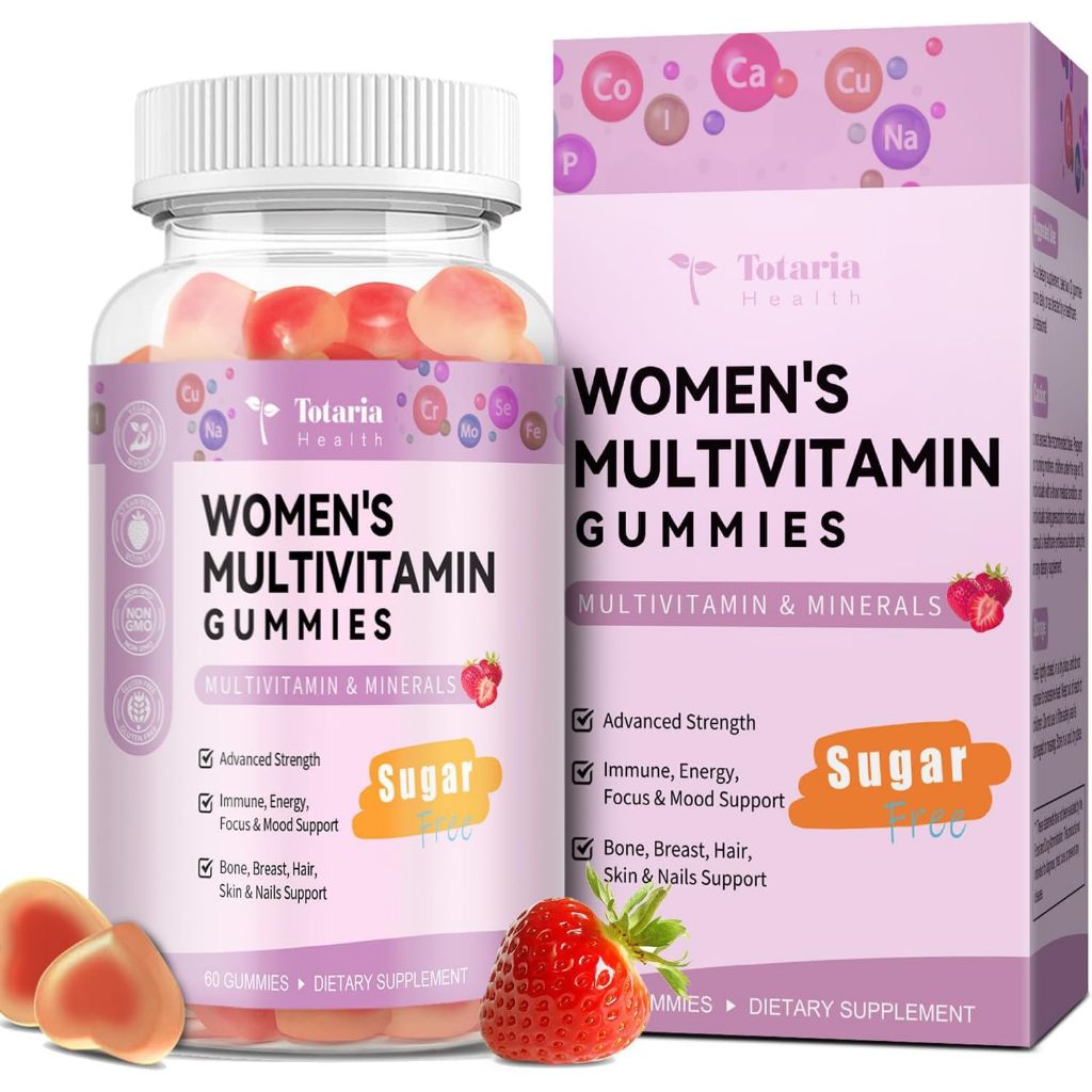 Totaria Sugar Free Multivitamin Gummies สําหรับผู้หญิง 18 + w/Iron, Inositol, Folate, Biotin, Womens Daily Multivitamin Gummy w/Vitamin A, C, B, D3, K2, สําหรับผม, ผิว, Energy, Immune