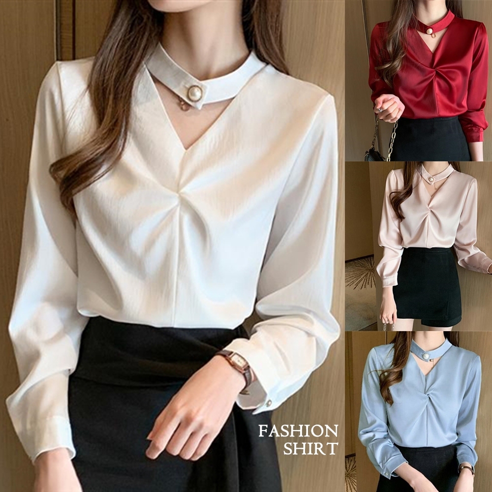 ผู้หญิง เสื้อเชิ้ตแขนยาวผ้าซาติน สไตล์เกาหลี ความสง่างาม สีทึบ เสื้อคอวี
