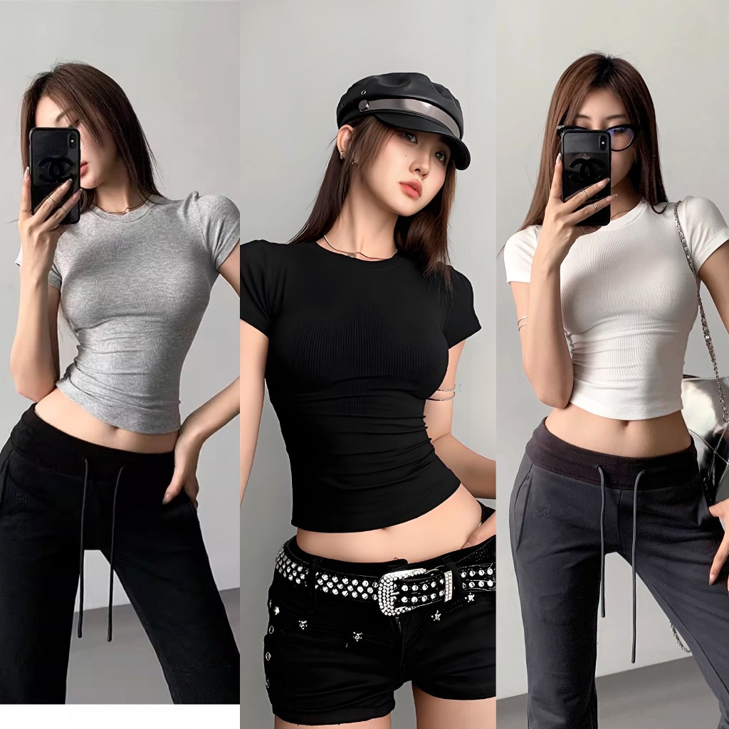 เสื้อยืดคอกลม🏖️เสื้อครอปแขนสั้นผู้หญิง Y2K🌸เสื้อครอปรัดรูปสไตล์เกาหลีเซ็กซี่ แฟชั่นย้อนยุคเรียบง่าย