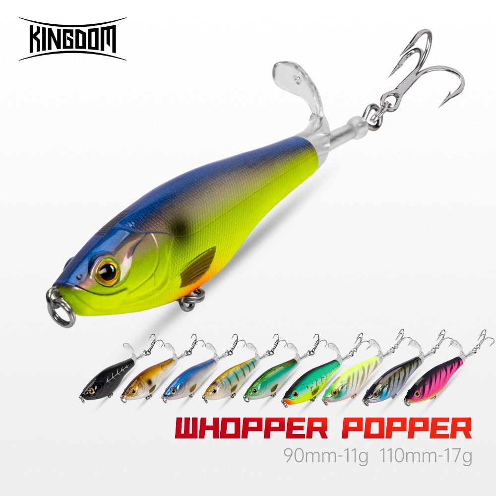 Kingdom Whopper Popper Fishing Lure 90 มม.110 มม.11g 17g ลอย Popper ABS Lure Hard เหยื่อนุ่มหมุนหางใบพัด Topwater คุณภาพสูงลอย Wobblers ตกปลา Tackle