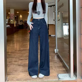 กางเกงยีนส์ขากว้างเอวสูง สไตล์เกาหลีสีน้ำเงินเข้ม