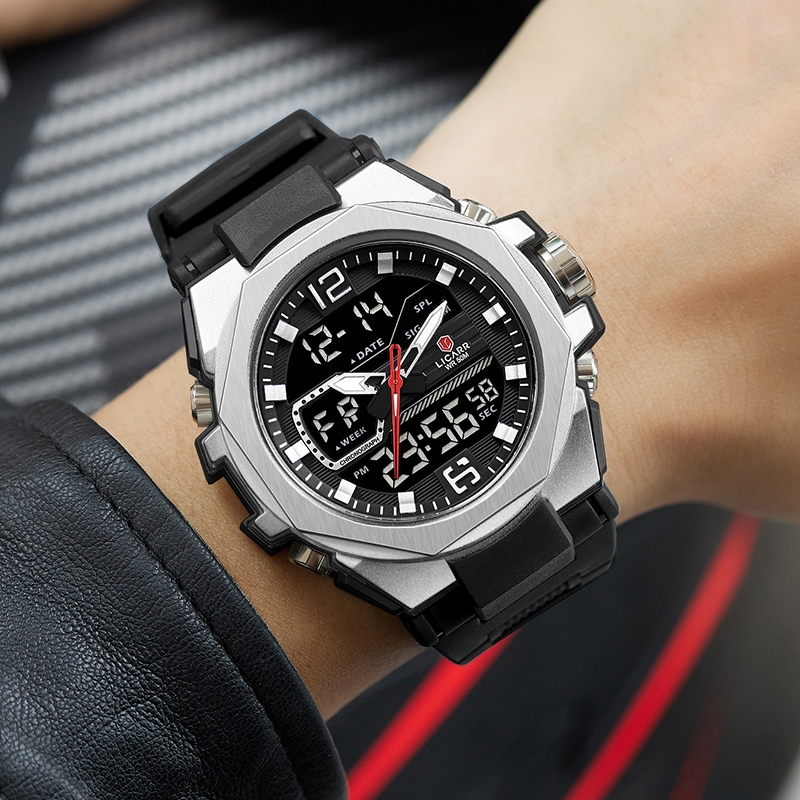 ลิการ์ แบรนด์ชั้นนําแฟชั่นนาฬิกาผู้ชายปลุกปฏิทินแสงนาฬิกาจับเวลาควอตซ์ดิจิตอล 9542