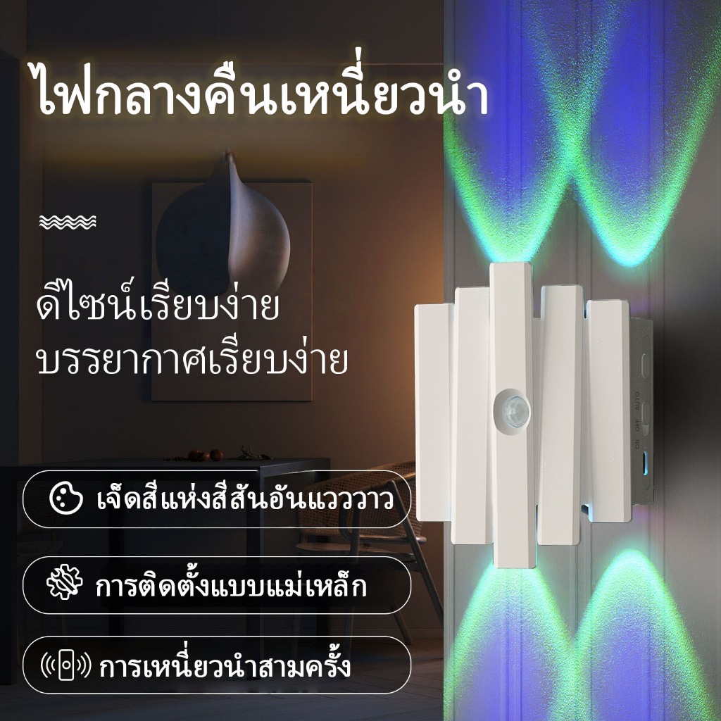 ☀️ ไฟกลางคืนเซ็นเซอร์ตรวจจับความนับถือ | โคมไฟติดผนังสี่หัว | โคมไฟแบบชาร์จ USB | ไฟกลางคืนในห้องนอน