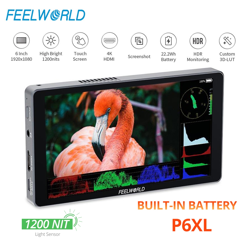 FEELWORLD P6XL 1200nit 6 นิ้วอลูมิเนียมแบตเตอรี่ในตัวกล้อง DSLR Field Monitor หน้าจอสัมผัส 4K HDMI ค