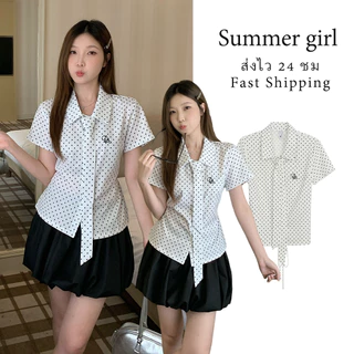 🤍ส่งไว 12 ชม🤍เสื้อเชิ้ตผู้หญิง แขนสั้น สีขาว ลายจุด พรีเมียม สไตล์ฝรั่งเศส แฟชั่นเกาหลี แมทช์ง่าย