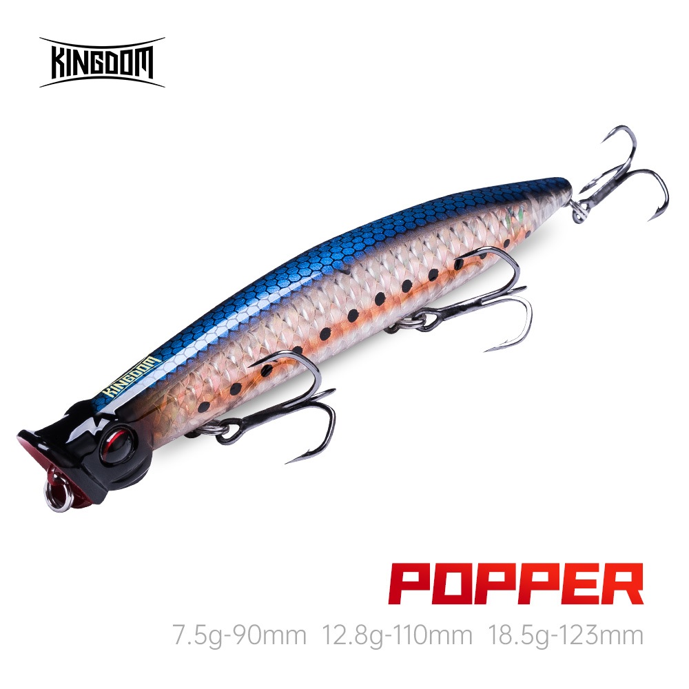 Kingdom ลอย Popper Fishing Lure 90 มม.110 มม.123 มม.7.5g 12.8g 18.5g Topwater Z-Action ABS Lure Hard