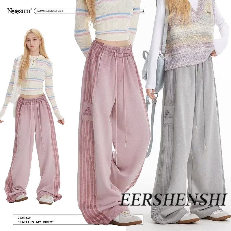 EERSHENSHI Hip Hop กางเกงลำลองสีชมพู ลายทางด้านข้าง ทรงกว้างใส่สบาย