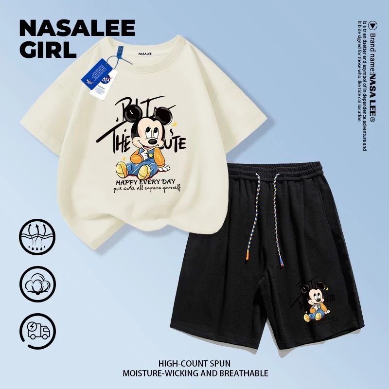 【ส่งในวันเดียวกัน】ชุดเด็ก NASA 2 ชิ้น สีเอิร์ธ ผ้าฝ้ายระบายอากาศดี ลายมิกกี้เมาส์น่ารัก 3-16 ปี ชาย-หญิง ทรงสวมใส่สบาย