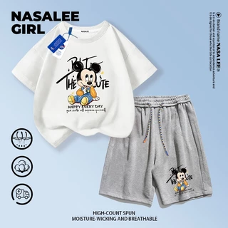 【ส่งในวันเดียวกัน】ชุดเด็ก NASA 2 ชิ้น สีเอิร์ธ ผ้าฝ้ายระบายอากาศดี ลายมิกกี้เมาส์น่ารัก 3-16 ปี ชาย-หญิง ทรงสวมใส่สบาย