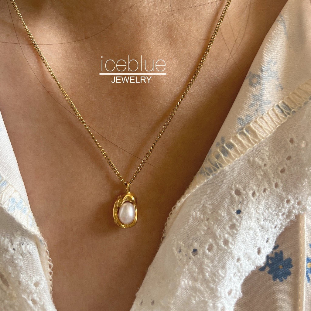 Iceblue-ไข่มุกน้ําจืดธรรมชาติฝังรูปจี้สร้อยคอ Cuban Link Chain 18K Gold Plated Titanium Steel Hypoallergenic Non Tarnish Pearl สร้อยคอผู้หญิงผู้ชาย N99