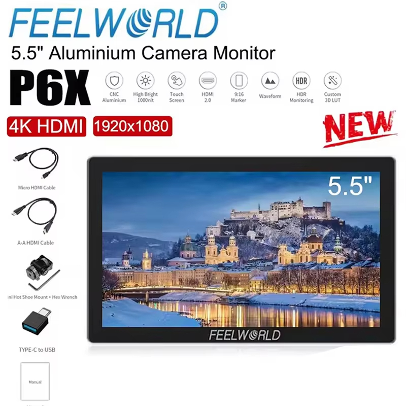 FEELWORLD P6X 5.5 นิ้วหน้าจอสัมผัสอลูมิเนียมความสว่างสูง1000nit กล้อง DSLR Field 4K HDMI Housing Mon