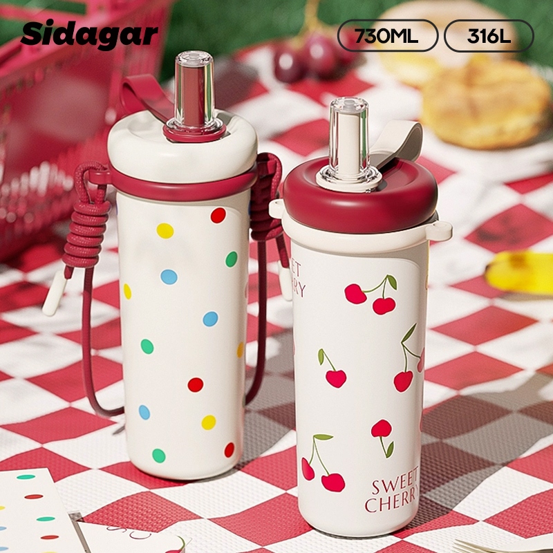 Sidagar แก้วเก็บความร้อนแบบมีสายสะพายไหล่ แก้วเก็บความร้อนสแตนเลส 316L แก้วเก็บความเย็น พร้อมที่กรอง