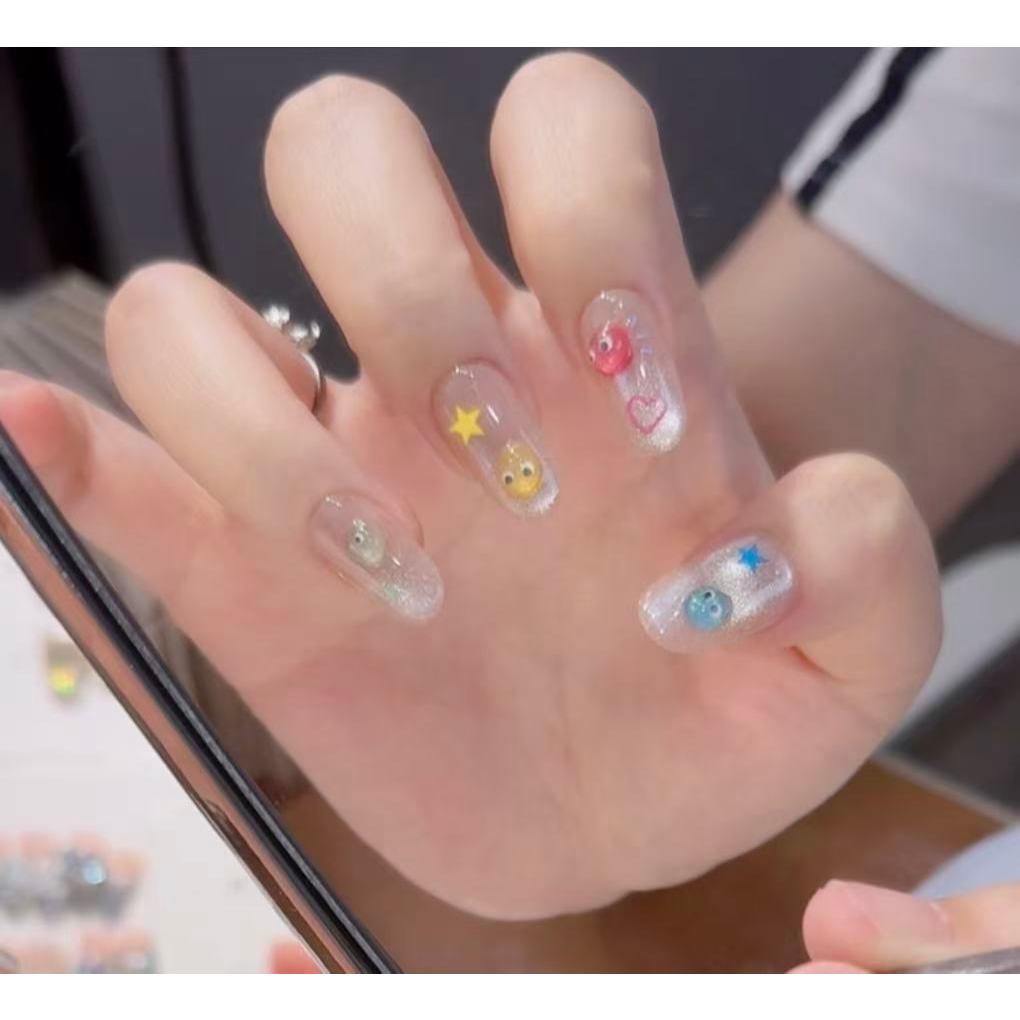 T004 เล็บปลอมสําเร็จรูป เจลแท้ ทำด้วยมือ 10 ชิ้น/กล่อง น่ารัก หวาน ๆ สีรุ้ง สวมง่าย ใช้ซ้ำได้