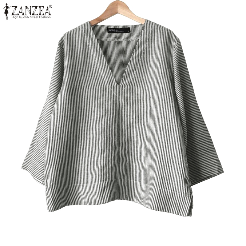 ZANZEA เสื้อเบลาส์คอวี 3/4 สําหรับผู้หญิงเกาหลีลําลองหลวมลายทาง