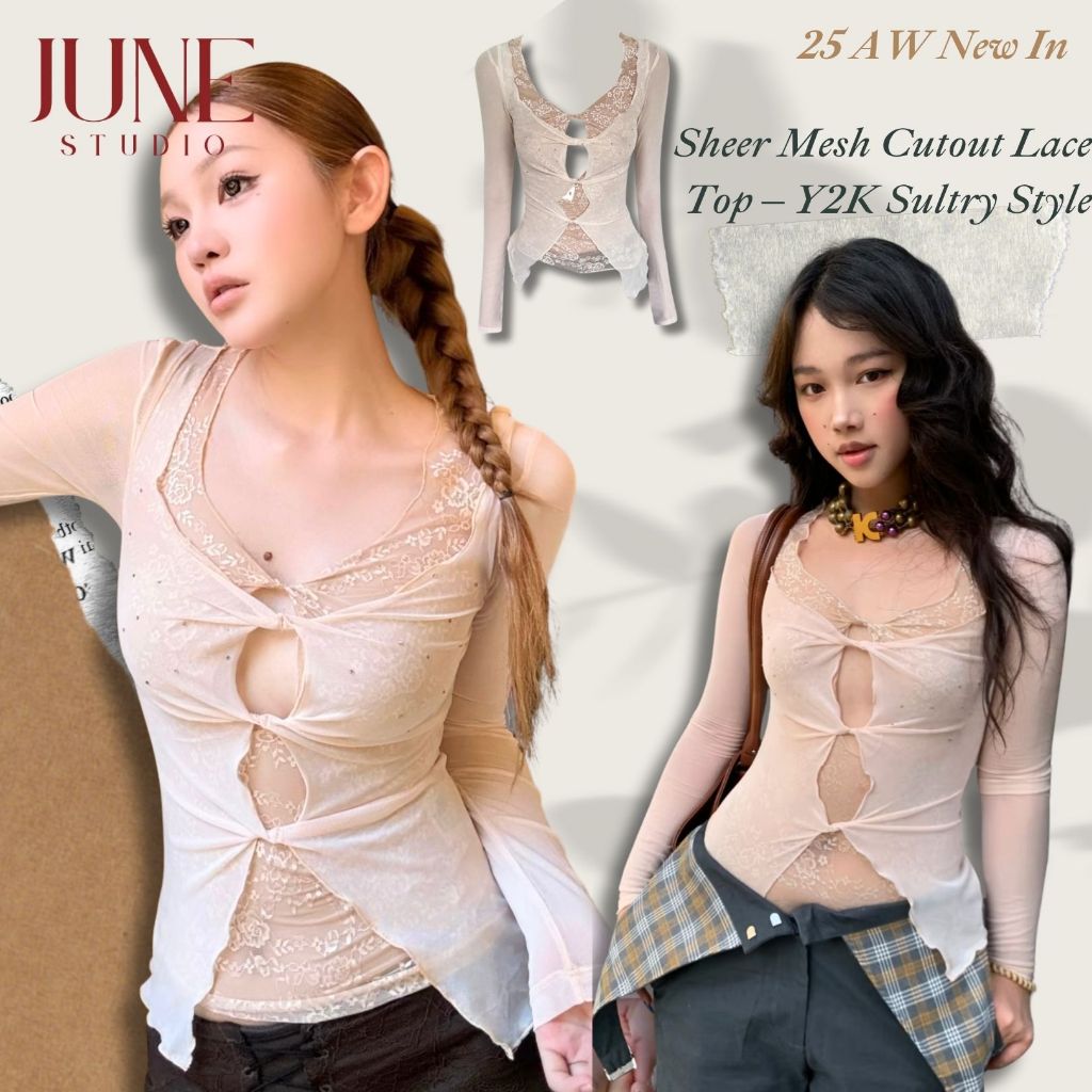 ❗️❗️❗️สต็อกพร้อมในท้องถิ่น❗️❗️❗️[สตูดิโอมิถุนายน] ฝรั่งเศสสไตล์ร้อนสาวเซ็กซี่ผ้าโปร่งกลวงร้อนเพชรด้านบนปลอมสองชิ้นออกแบบลูกไม้แขนยาวเสื้อ จุดต่ําสุด สวมใส่ภายในฤดูใบไม้ร่วงสไตล์ใ