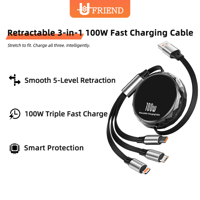 UFIRIEND 3-in-1 สายชาร์จ USB USB to C + L + U สายชาร์จแบบพับเก็บได้สําหรับ i13 12