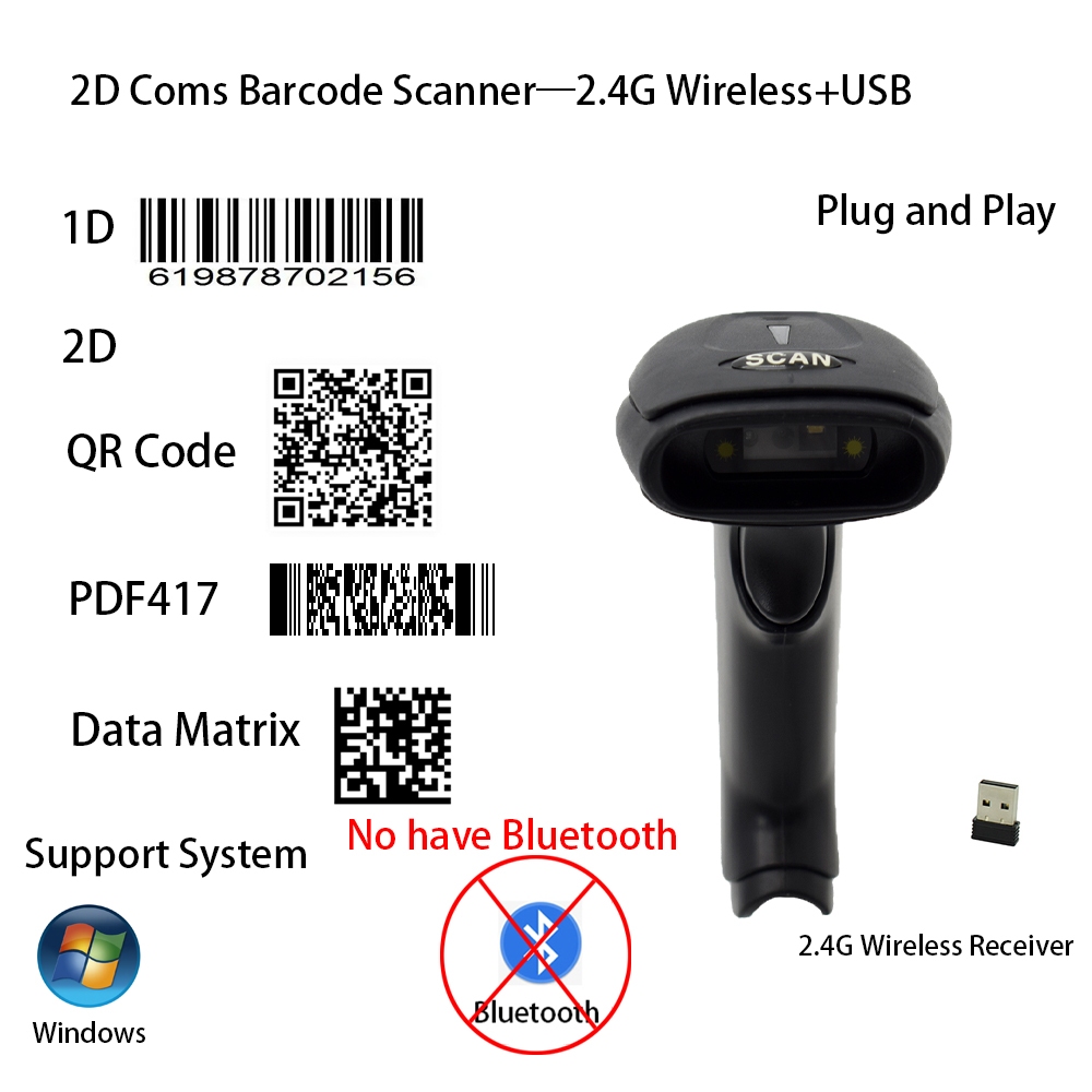 มือถือ 1D 2D Barcode Scanner ไร้สาย QR Code Scanner USB Laser Barcode Reader 2.4G QR Code Reader สํา