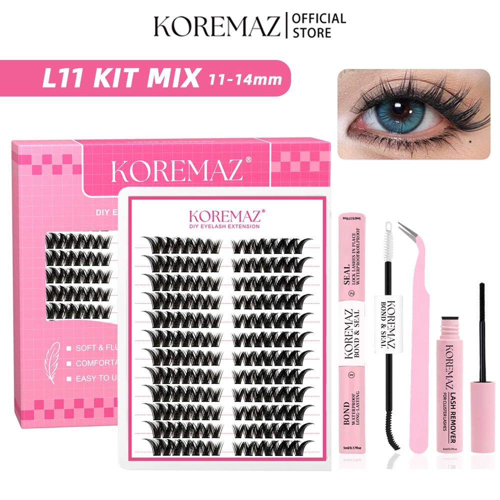 KOREMAZ DIY Cluster Eyelash Extensions ชุดกาวและแหนบลบ,ขนตาปลอมธรรมชาติหนานุ่มReusable Cluster Lashes,หลายสไตล์Lash Kit Lash Bondและซีล